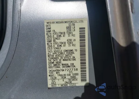 2006 Nissan Armada Le from USA, damaged, VIN 5N1AA08A76N727738